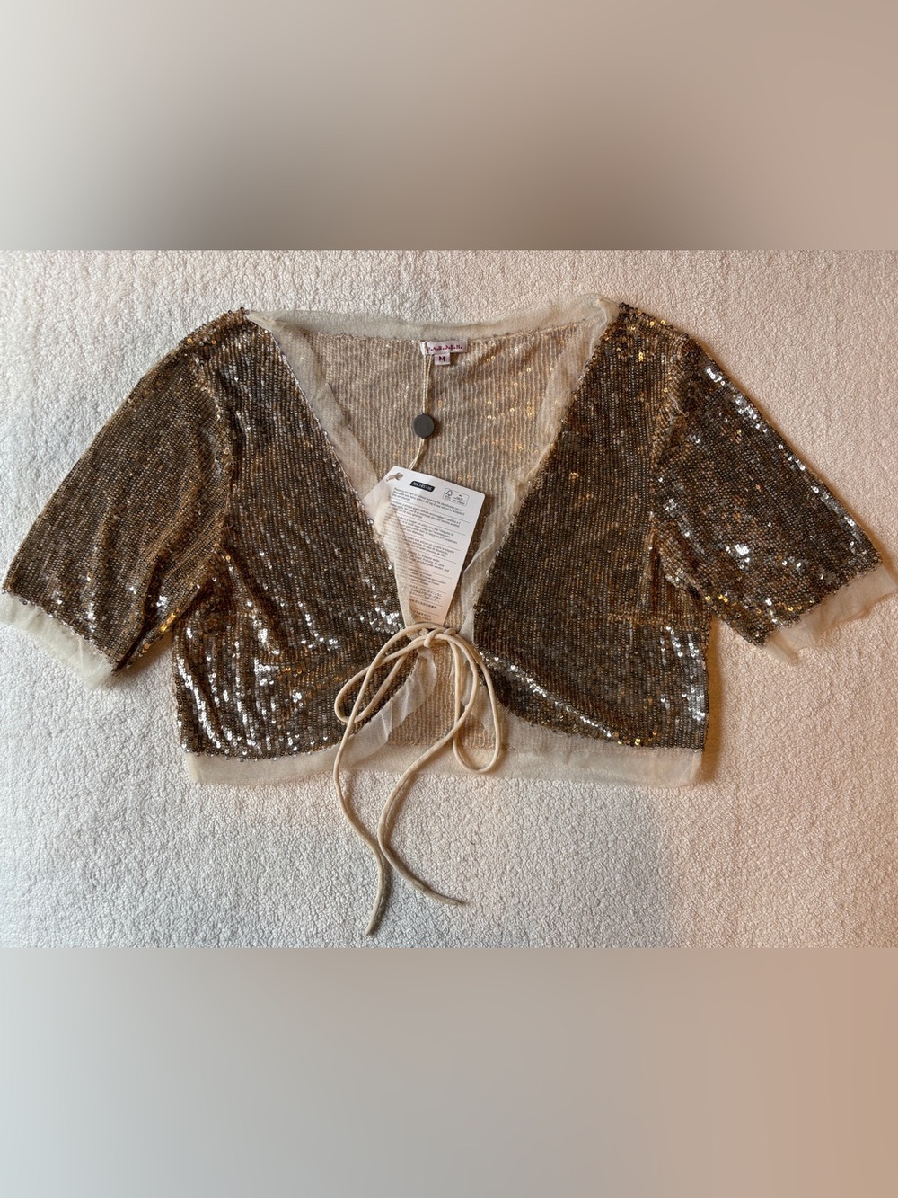 P.A.R.O.S.H bolero, gold sequins, tie front. Women’s size medium